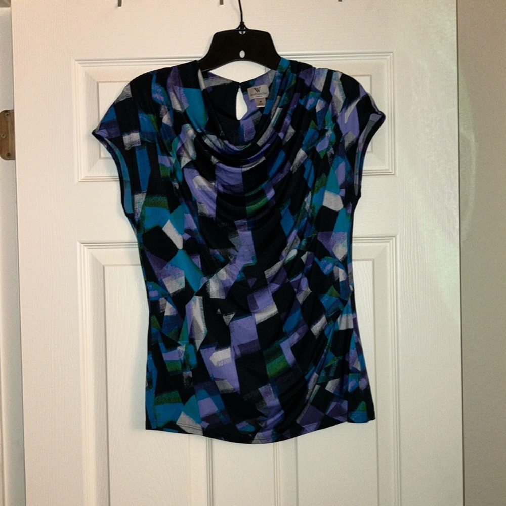 Worthington Stretch Dress Top - Size Medium - Black Lavender Green Abstract